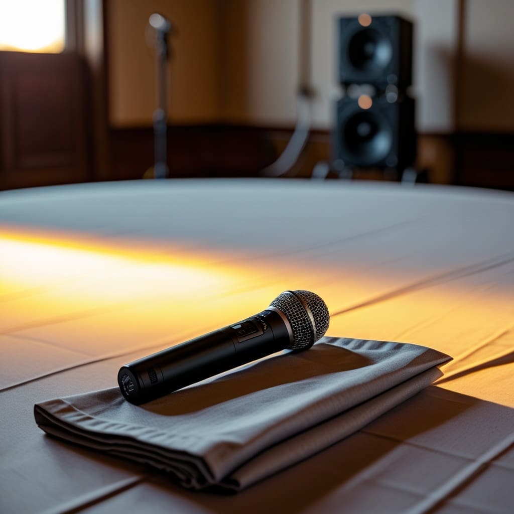 Close-up of a wireless microphone and small mixing board on a table before a reception begins.