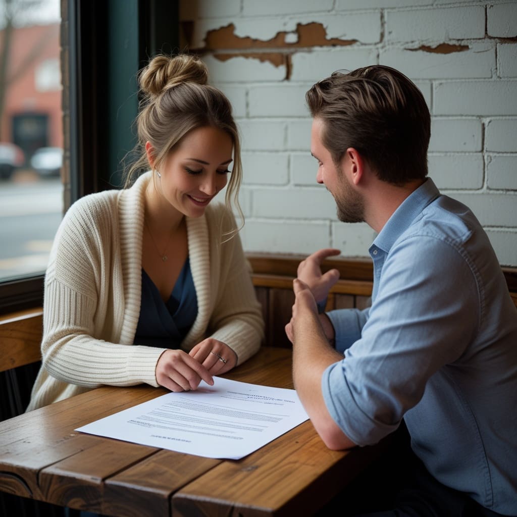 A couple reviewing a contract or planning document with a wedding vendor at a small table..