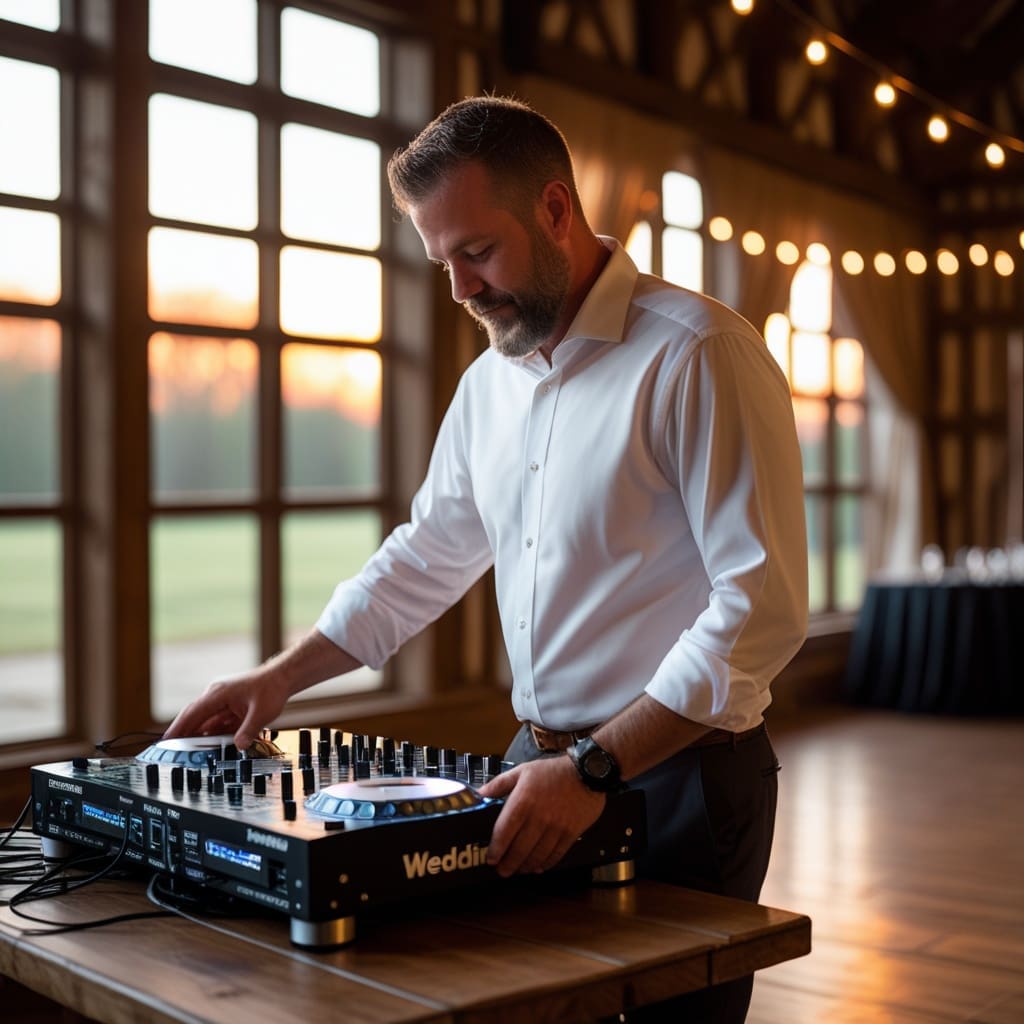 Cover photo showing a wedding DJ setting up equipment before a reception..