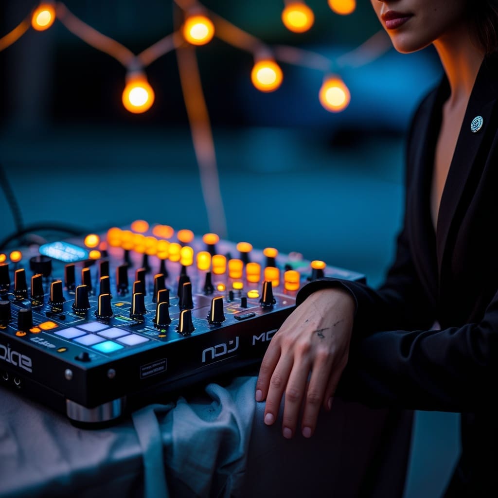 Close-up of DJ equipment being tested before guests arrive.