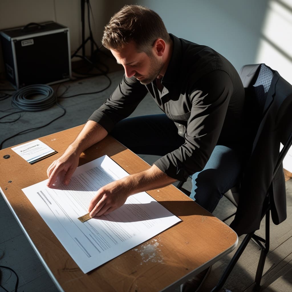 Cover photo showing a wedding DJ reviewing a printed contract at a small table before an event..