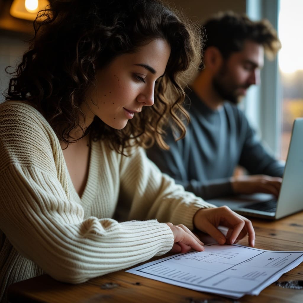Close-up of a couple reviewing an itemized invoice with a laptop at a kitchen table..