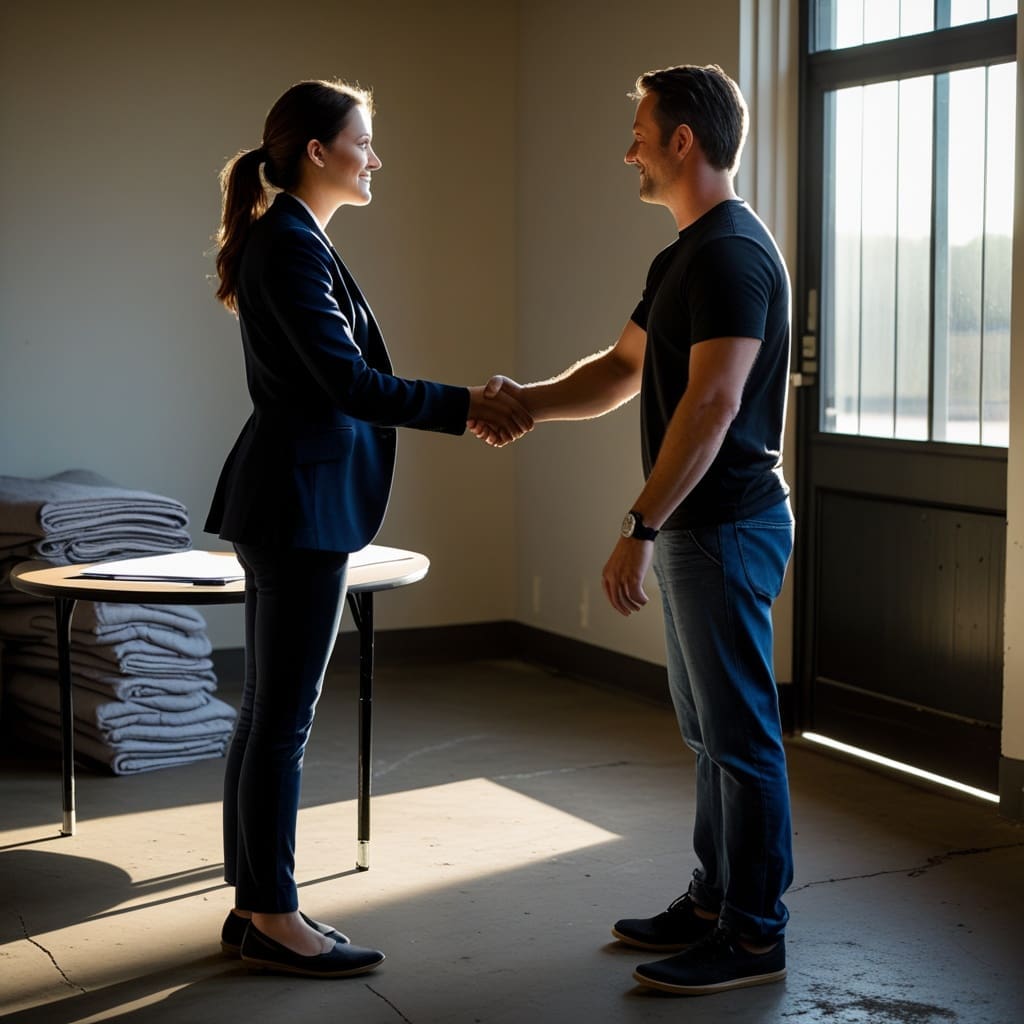 A wedding coordinator and DJ shaking hands informally near a signed contract on a clipboard..