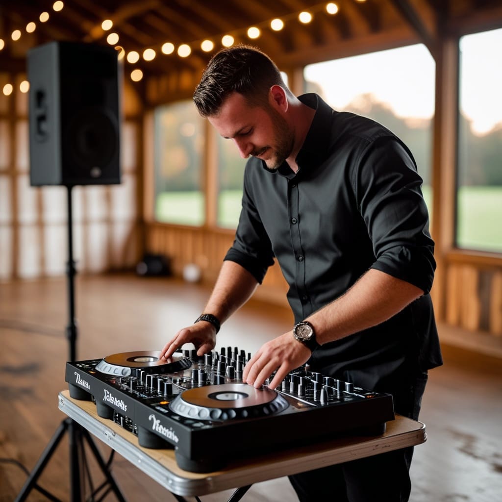 DJ equipment setup at a wedding reception venue before guests arrive.