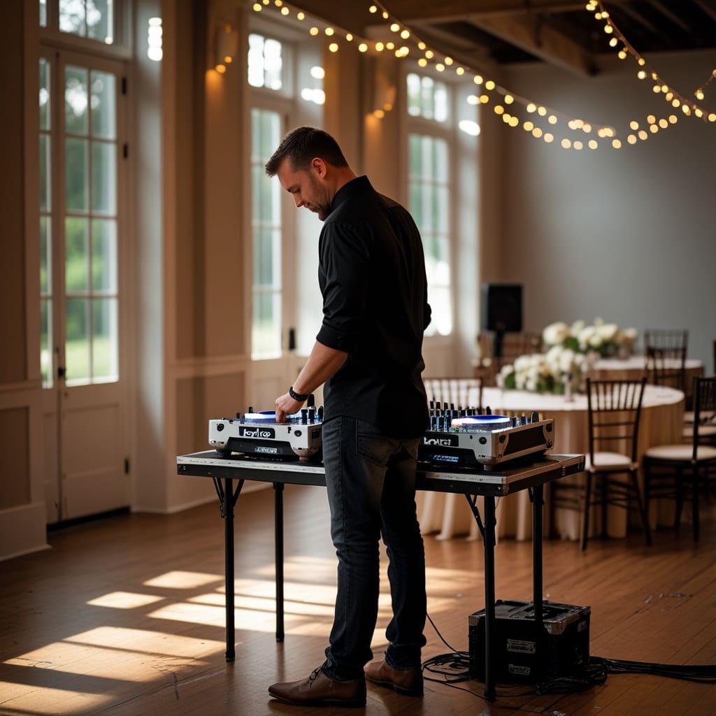 Cover photo showing a wedding DJ setting up equipment in an empty reception hall before guests arrive.