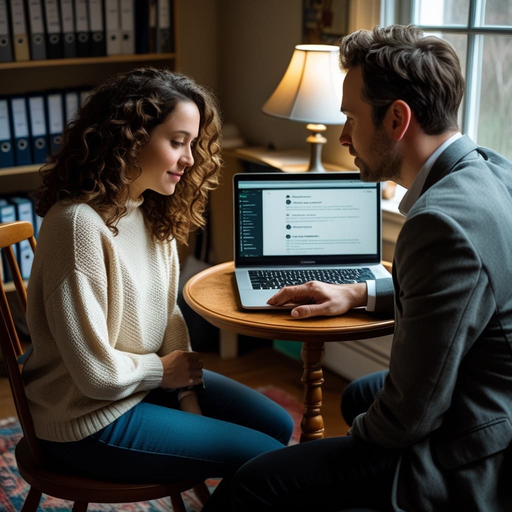 A couple meeting with a wedding DJ to discuss music preferences at a small table.