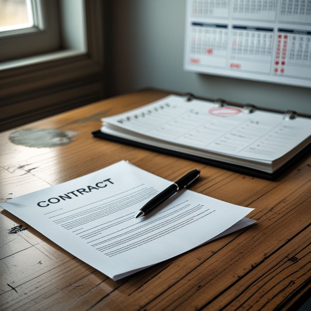 A signed wedding vendor contract and pen sitting on a desk beside a calendar marked with a wedding date.
