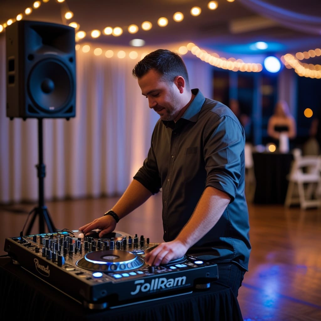 Cover photo showing a wedding DJ setup at a reception venue with speakers and lighting equipment visible..