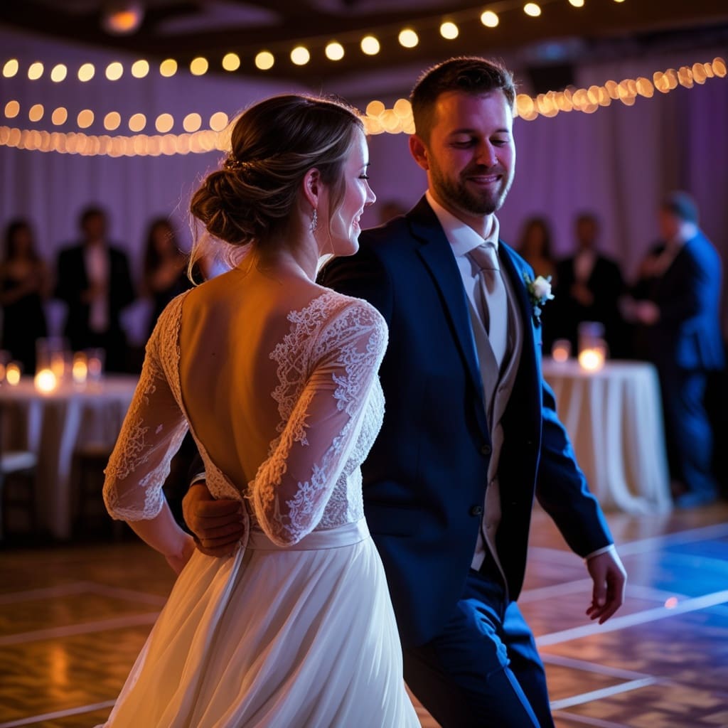 A bride and groom dancing on a lit dance floor with guests visible around the edges.