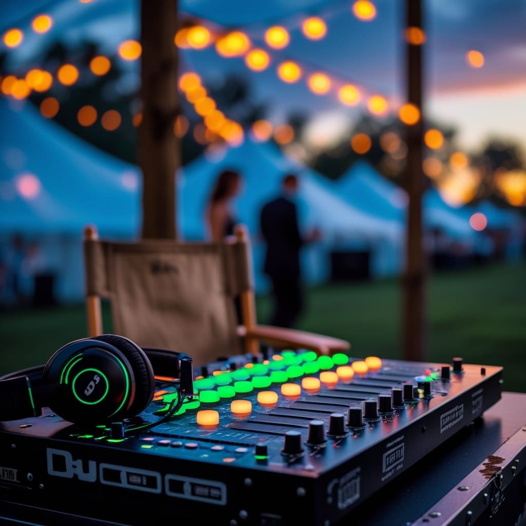 A close-up of a DJ mixing console with sound equalizer lights glowing at an outdoor evening reception.