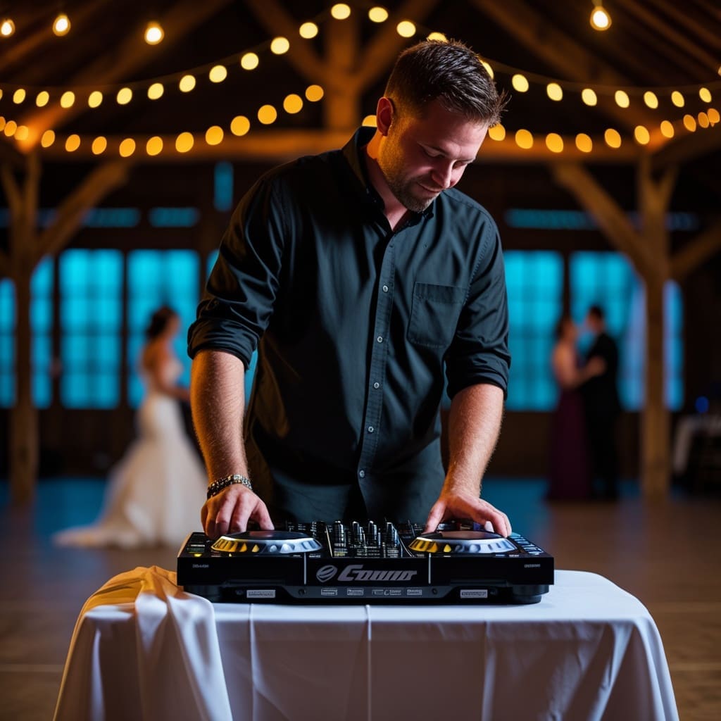 Cover photo showing a wedding DJ at a mixing console during a reception, with soft string lights blurred in the background.