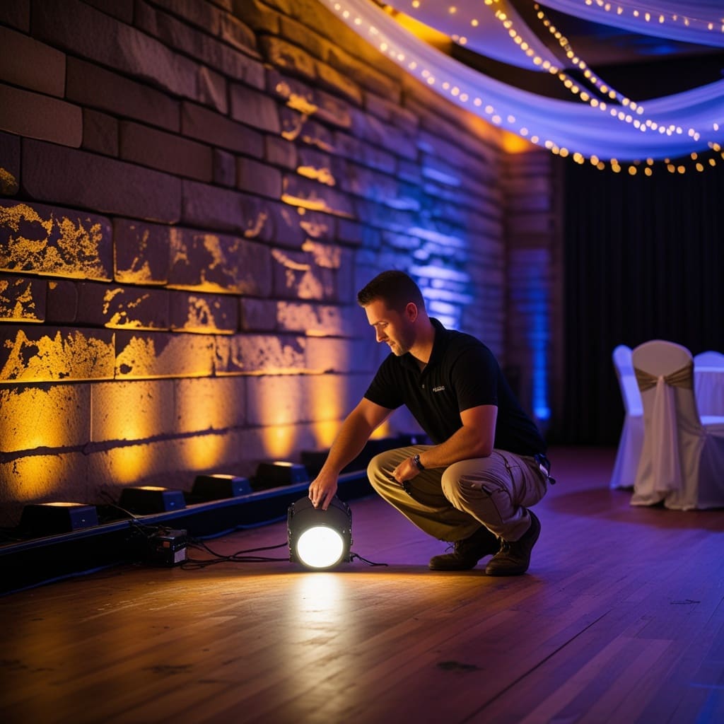Cover photo showing a wedding reception dance floor lit with warm amber and purple uplighting against a stone wall.