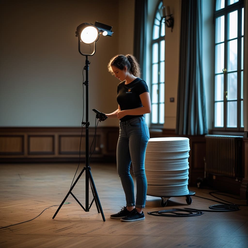 A DJ and lighting technician setting up equipment before a wedding reception.