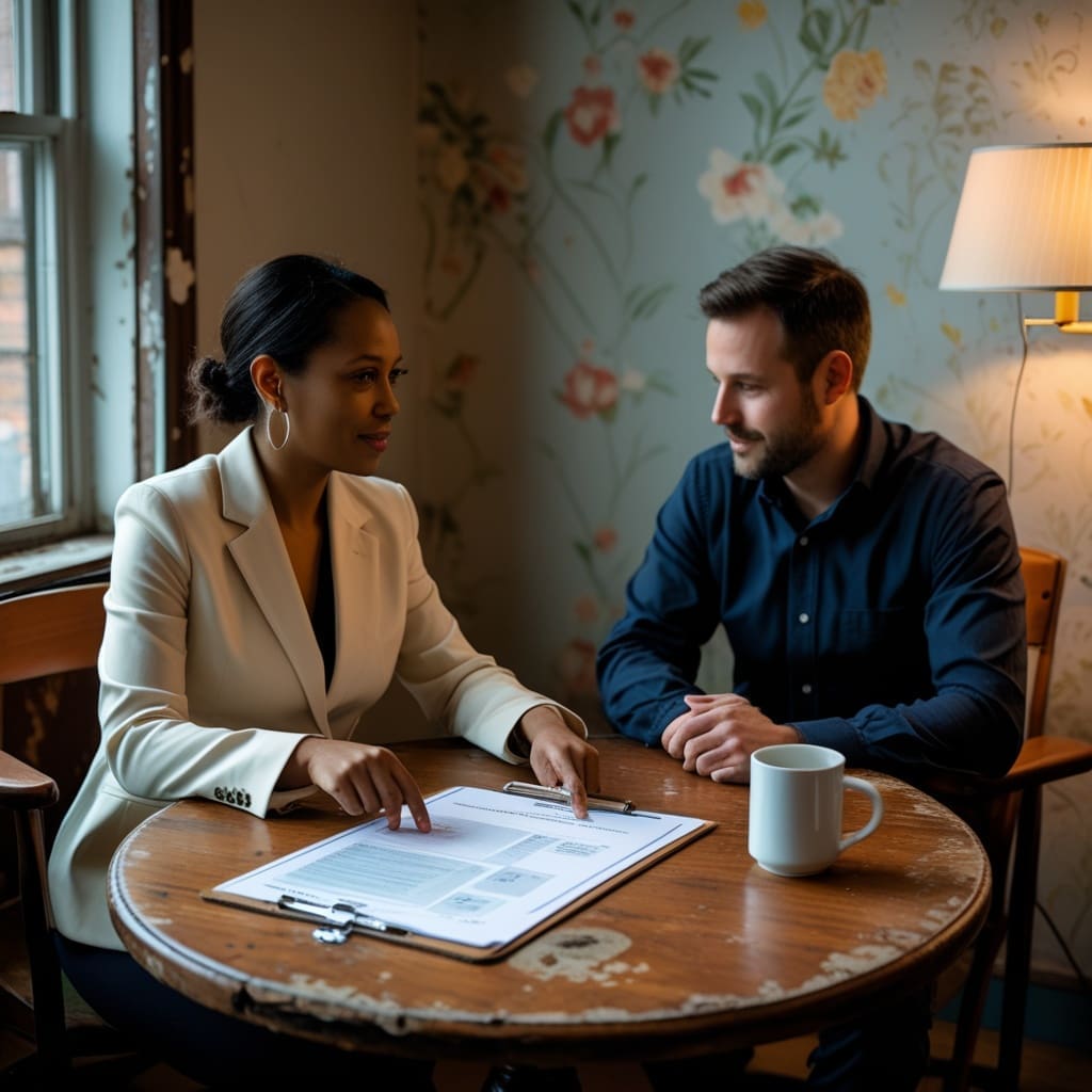 A couple reviewing a lighting layout diagram with their wedding planner at a small table.