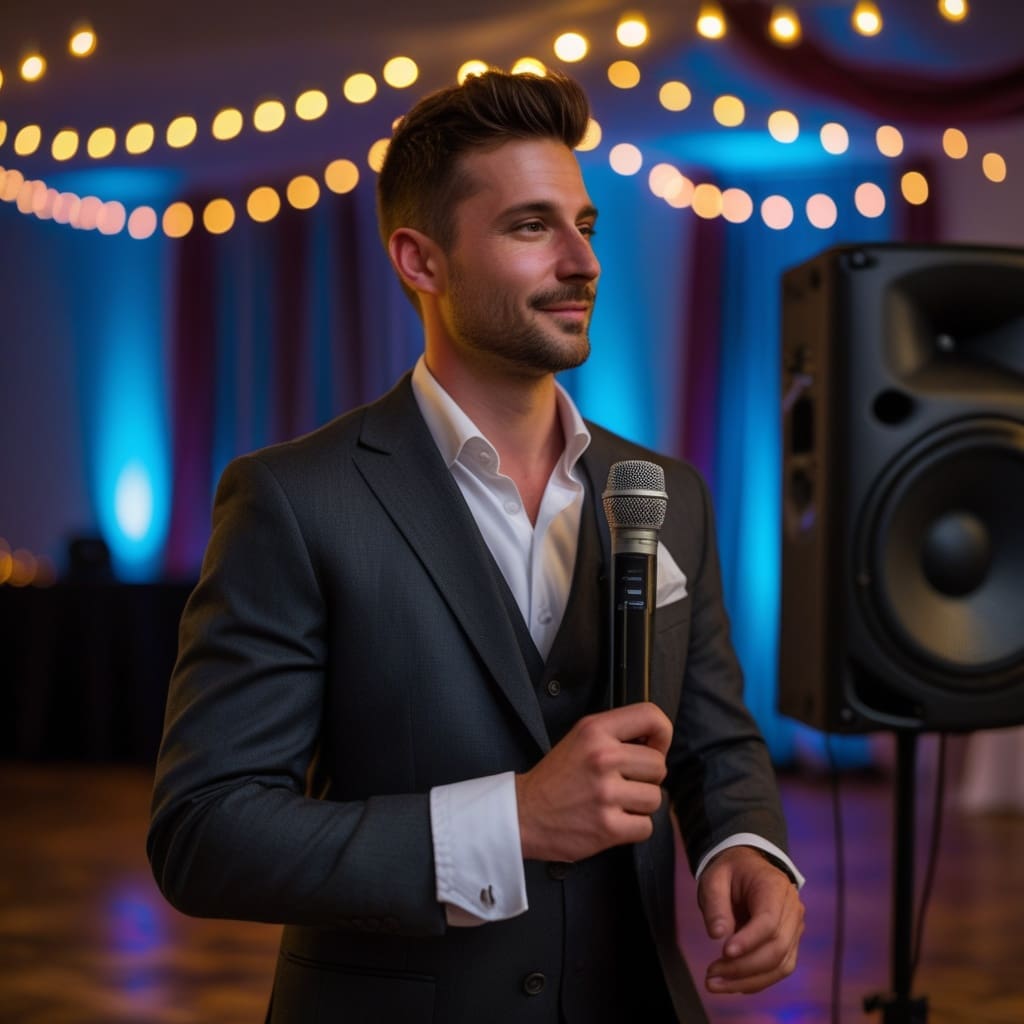 Cover photo showing a wedding DJ emcee holding a microphone while addressing guests during a reception.