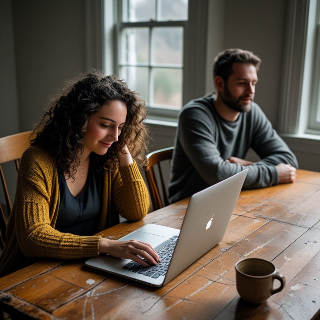 A couple reviewing a DJ services contract with a laptop on a table during a planning meeting.