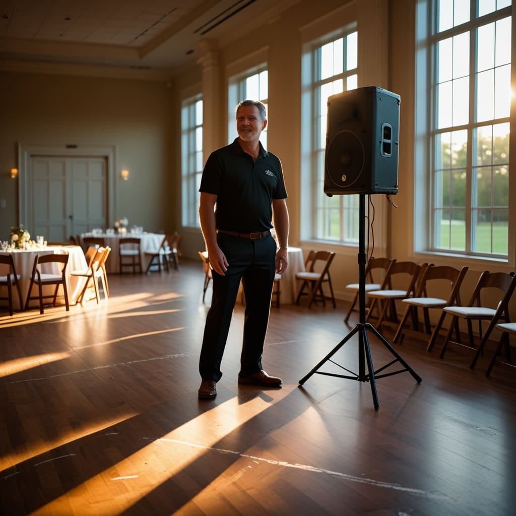 A DJ setting up sound equipment at an empty wedding reception venue before guests arrive.