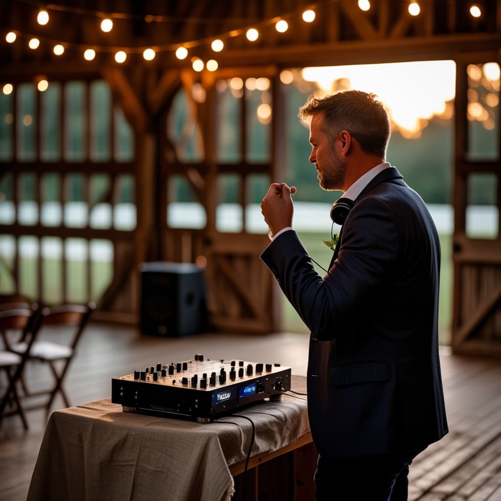 Cover photo showing a wedding DJ setup at a reception venue with soft evening light.