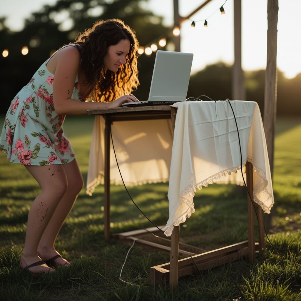 A friend acting as makeshift DJ using a laptop and rented speakers at an outdoor wedding reception..