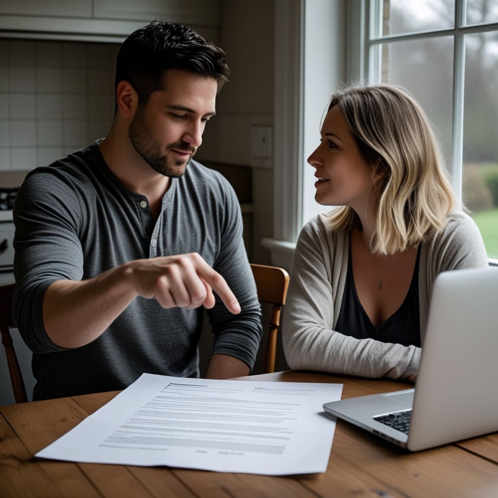 A couple reviewing a printed contract with a laptop at a kitchen table while planning their wedding budget..
