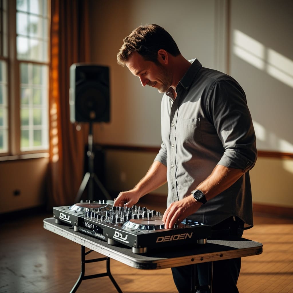 Cover photo showing a wedding DJ setting up equipment in an empty reception hall before guests arrive.