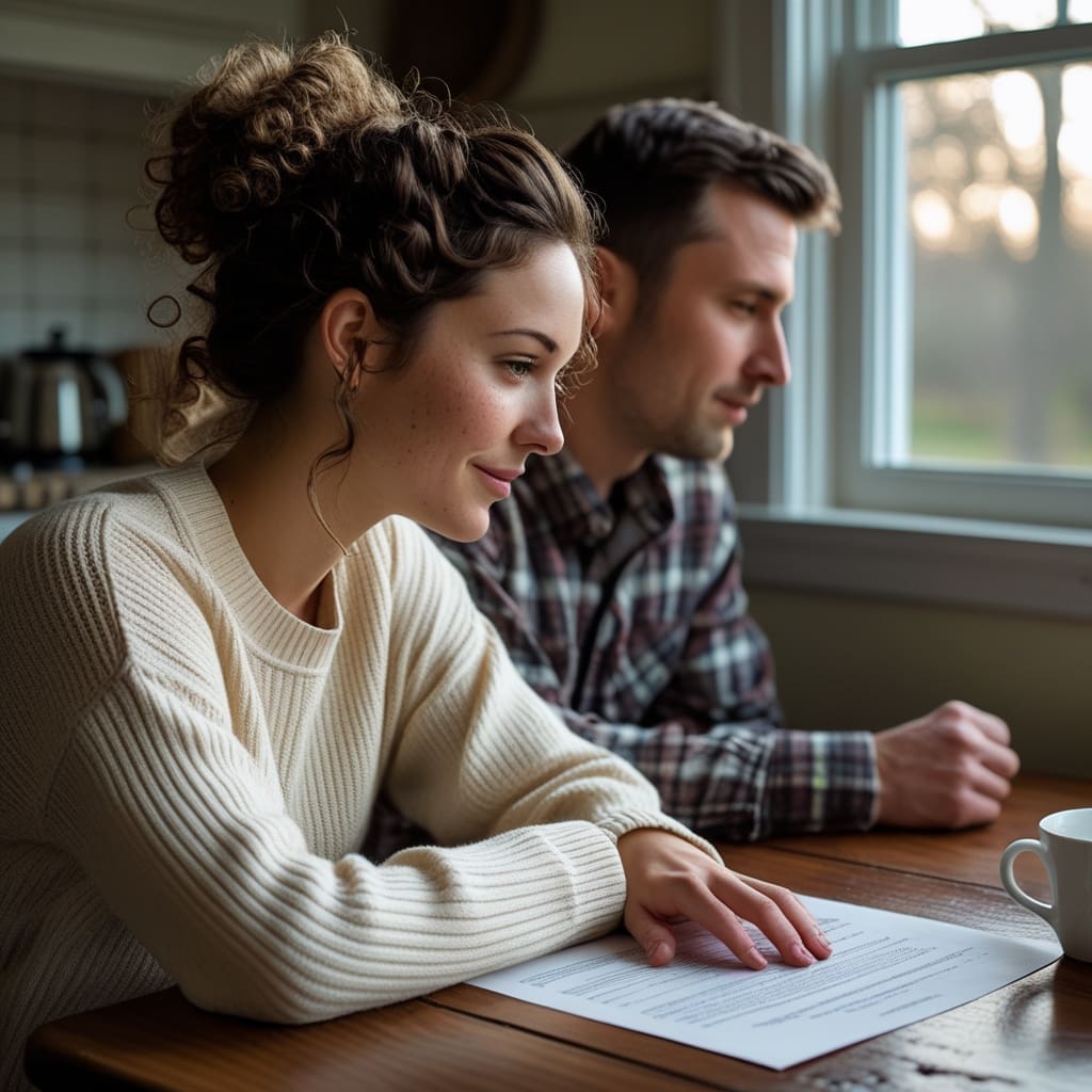 A couple reviewing a DJ contract at a kitchen table during the planning process..