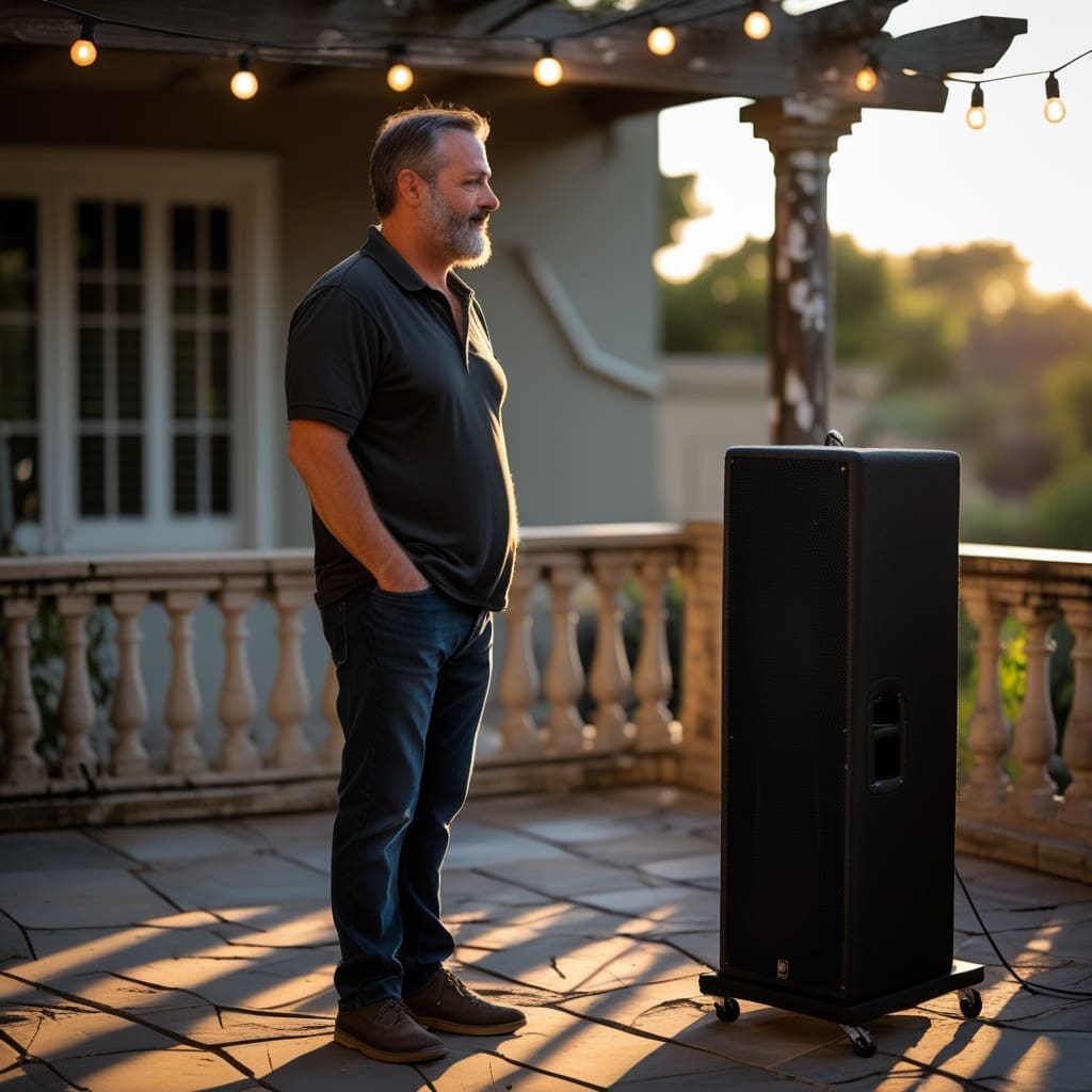 A wedding DJ testing sound equipment on an outdoor patio venue before an event..