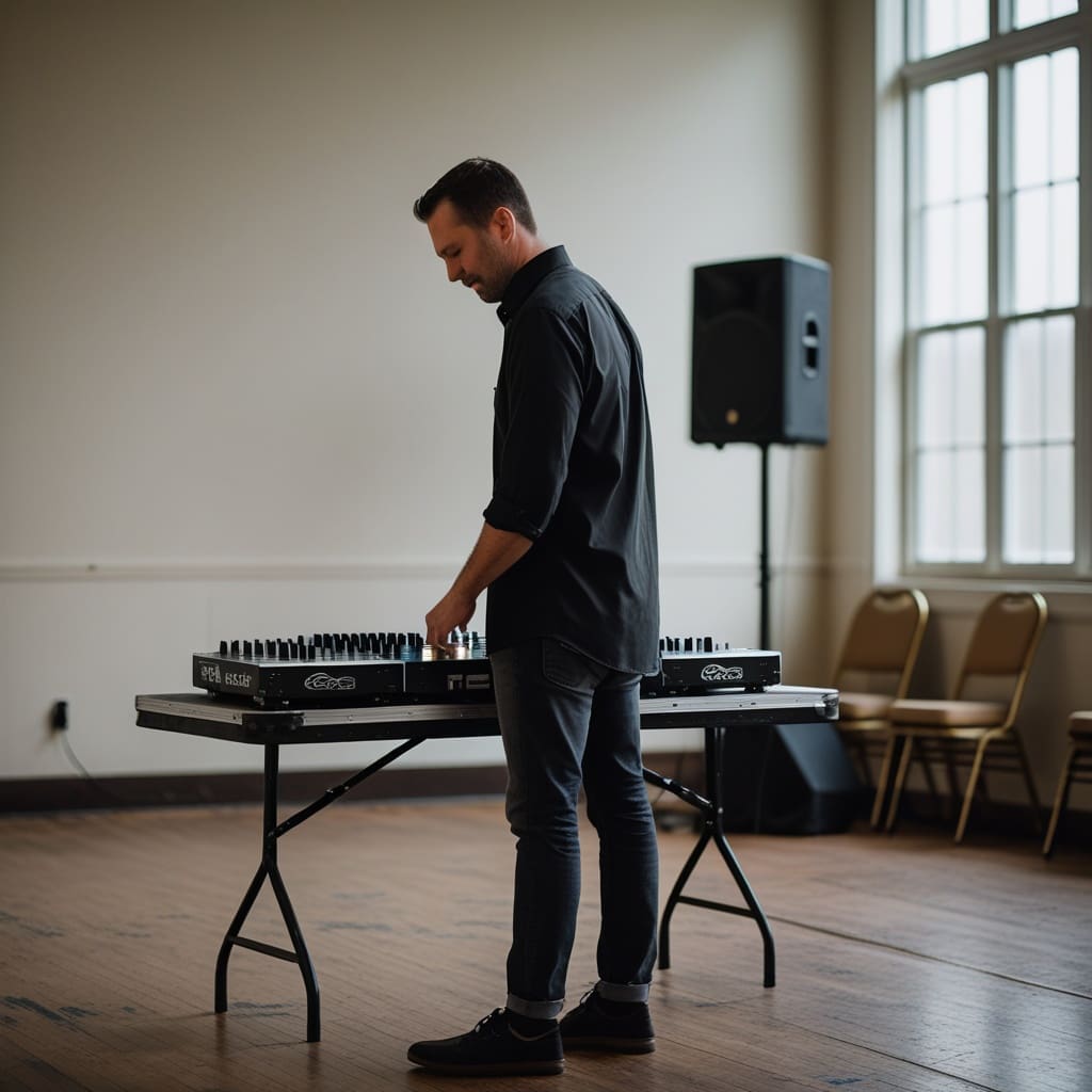 Cover photo showing a wedding DJ setting up equipment in an empty banquet hall during daytime, conveying the quiet off-season booking window..