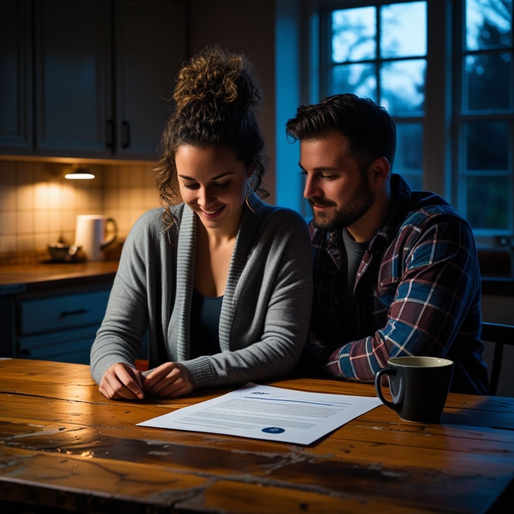 A couple reviewing a DJ contract and pricing sheet at a kitchen table during evening wedding planning.
