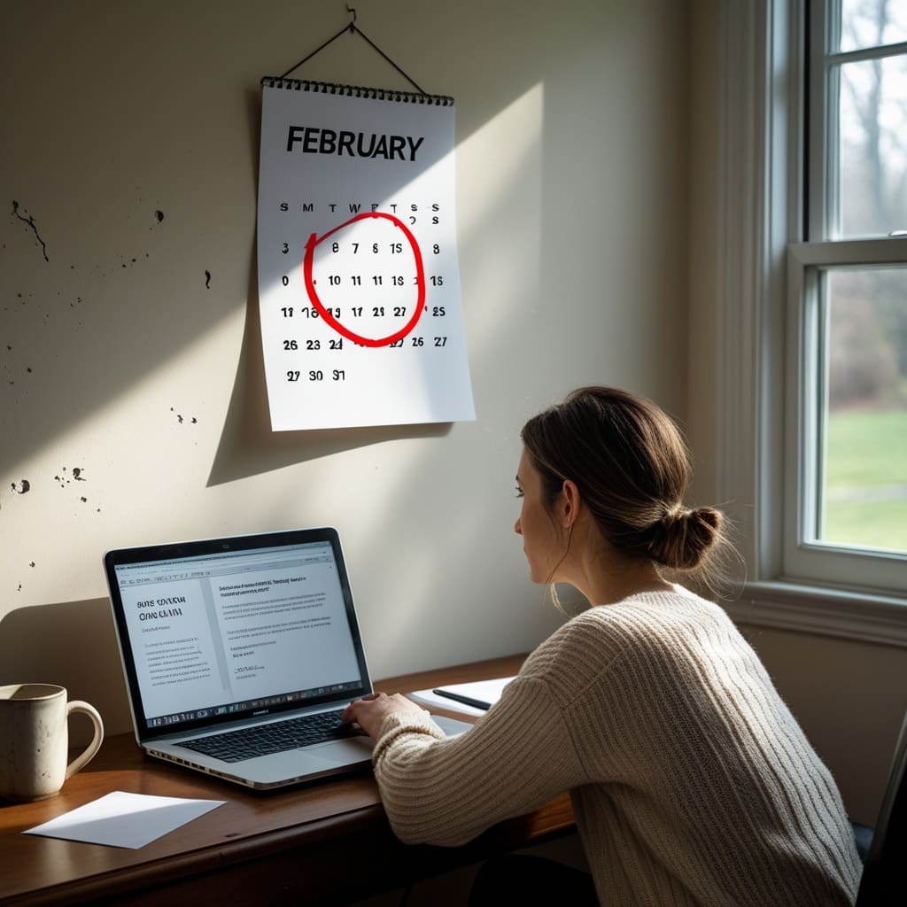 A calendar on a home office wall with a circled winter wedding date, next to a laptop showing a DJ booking confirmation email..