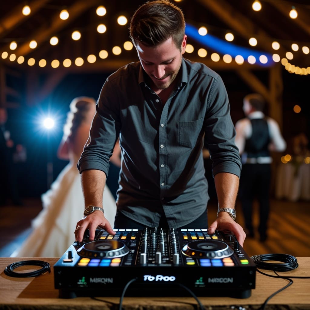 Cover photo showing a wedding DJ at his mixing booth during a reception, with a couple dancing softly blurred in the background..