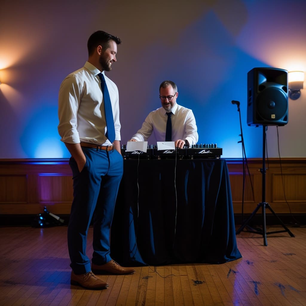 Best man handing a small envelope to a DJ near the end of a reception..