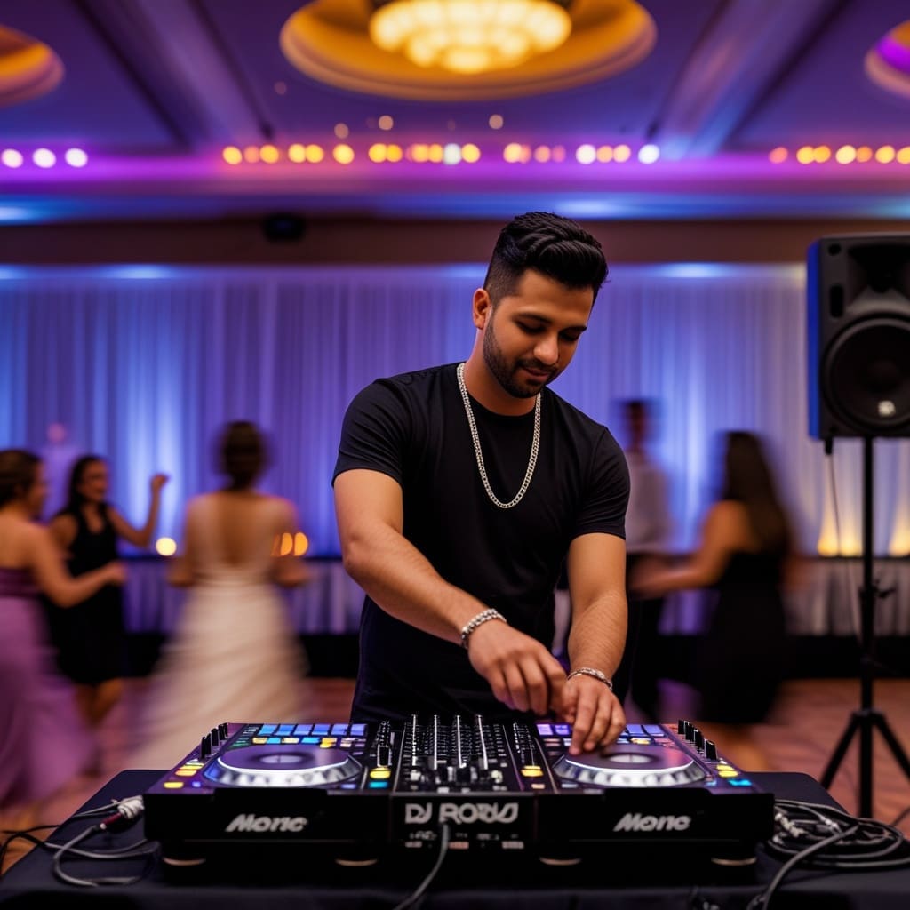 Wedding reception dance floor full of guests with the DJ visible in the background managing his equipment.