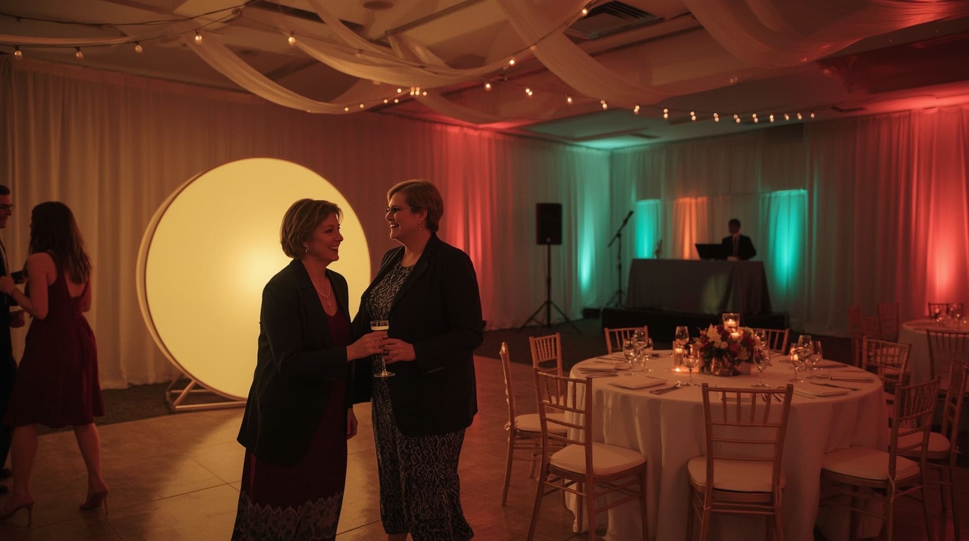 Guests celebrating at retirement party with DJ setup and glowing photo booth in background