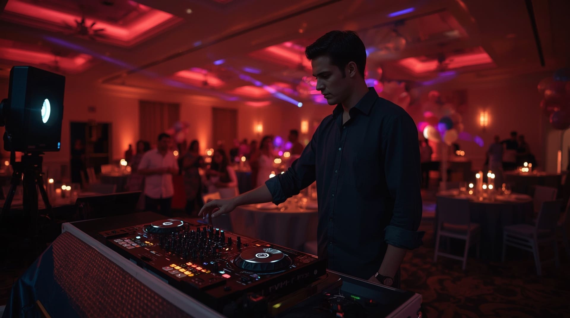 Professional birthday party DJ adjusting equipment at a colorful Raleigh event