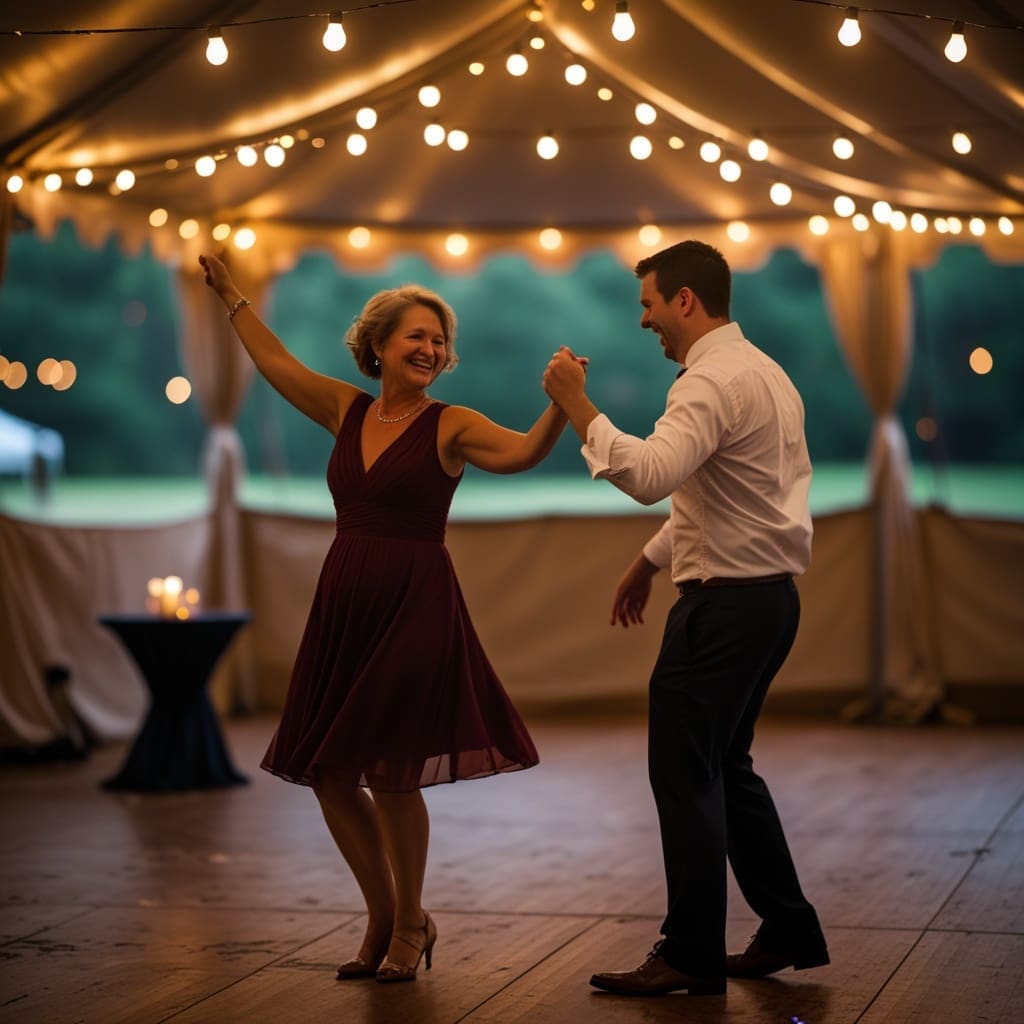 Cover photo showing a mixed-age group dancing on a wedding reception dance floor under string lights.