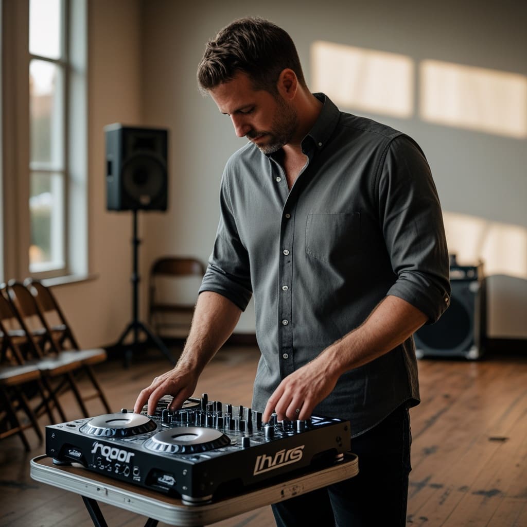 Cover photo showing a professional DJ setting up equipment at an indoor birthday party venue before guests arrive.
