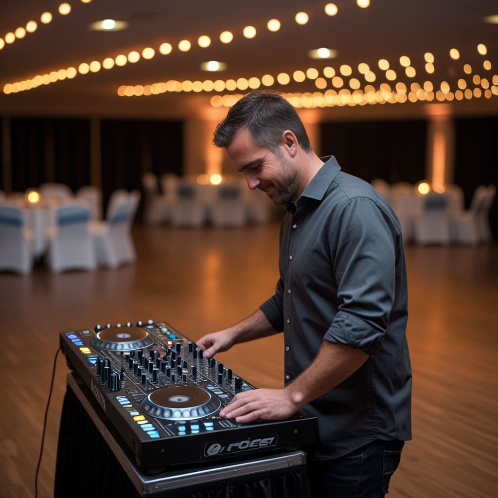 Cover photo showing a DJ setting up equipment before a corporate holiday party in a Raleigh event space..