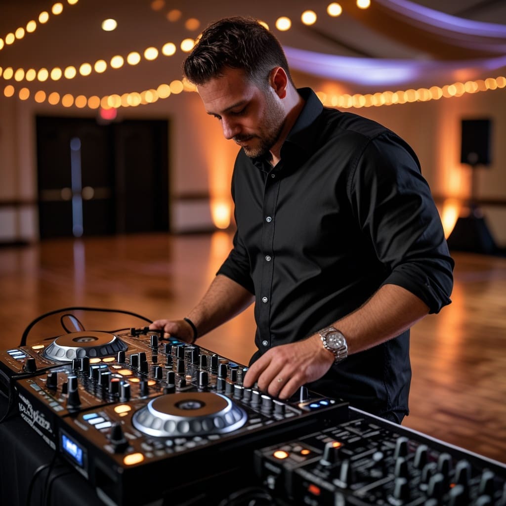 Cover photo of a DJ setting up equipment at a bar mitzvah reception hall before guests arrive.