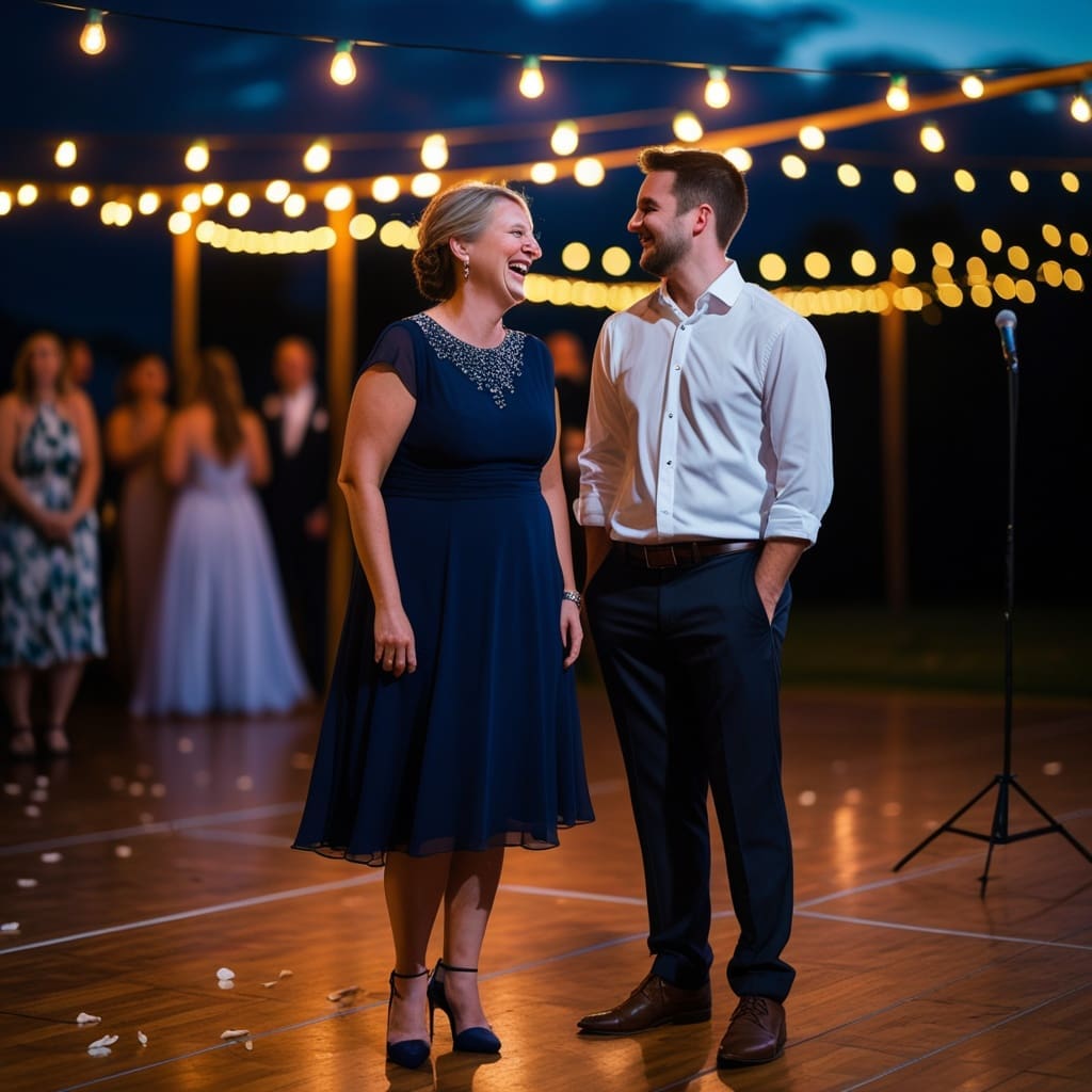 Cover photo showing a lively wedding reception dance floor mid-song, guests of different ages dancing together under string lights..