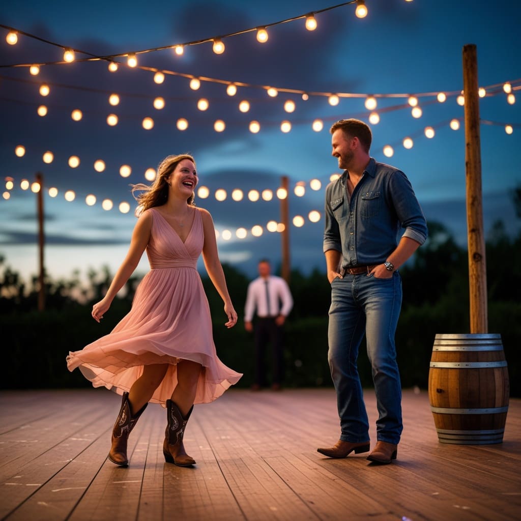Cover photo showing a lively outdoor wedding reception dance floor at dusk with guests two-stepping to country music.