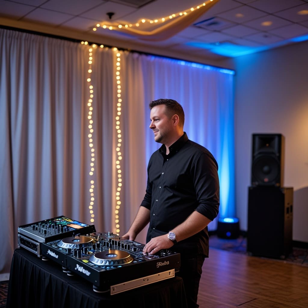 Cover photo showing a DJ booth setup next to an open-air photo booth backdrop at an indoor event venue..