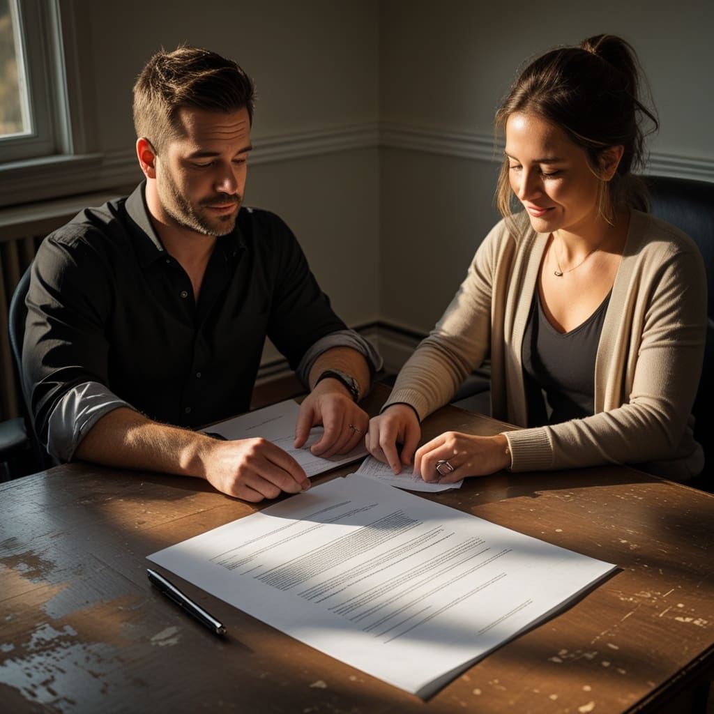 Cover photo showing a DJ and a client reviewing a printed contract at a small table before an event.