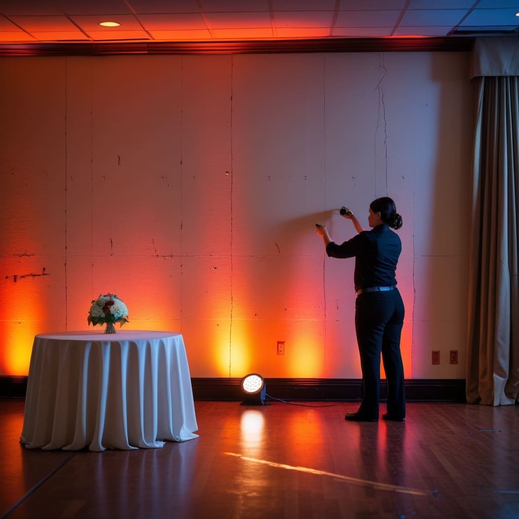 Cover photo showing a wedding reception ballroom glowing with amber and deep red uplighting along the walls, tables set in the foreground.