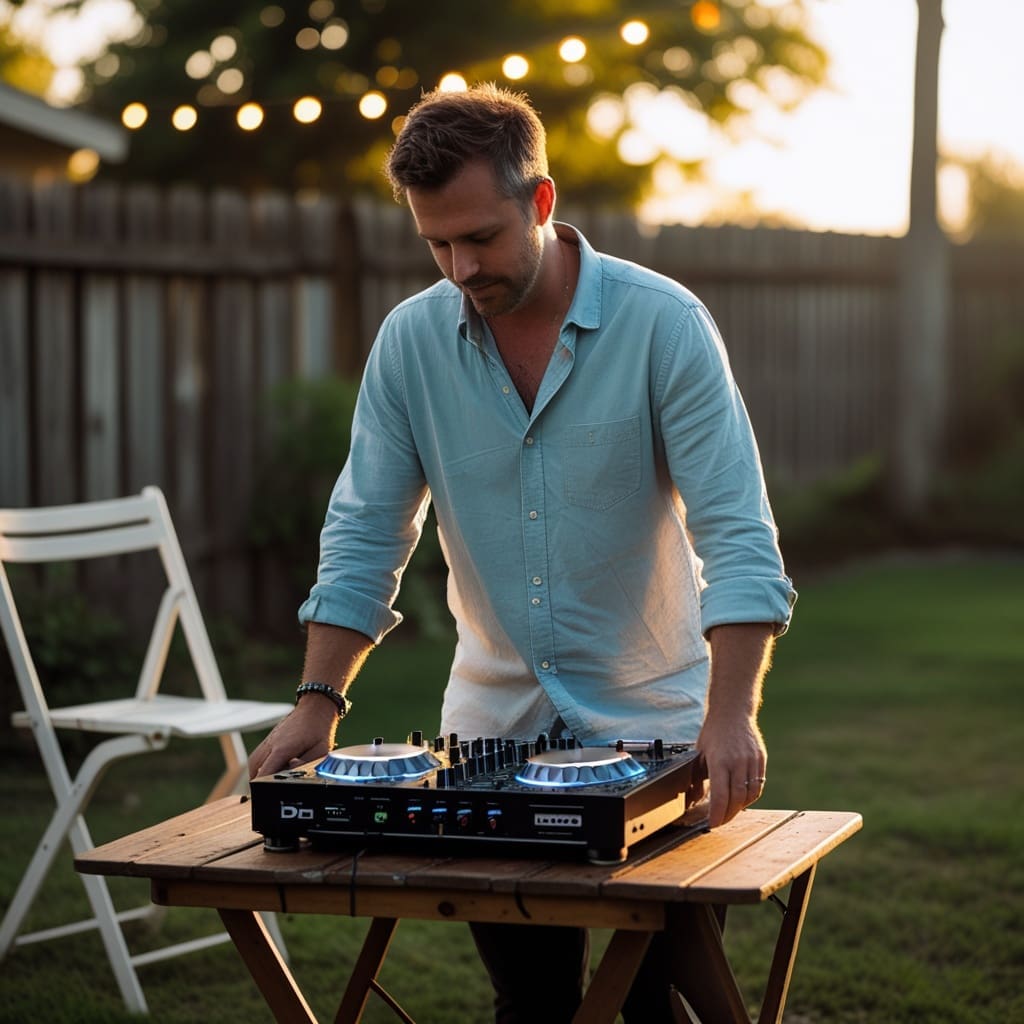 Cover photo showing a DJ setting up a compact sound system at an intimate backyard engagement party in the late afternoon.