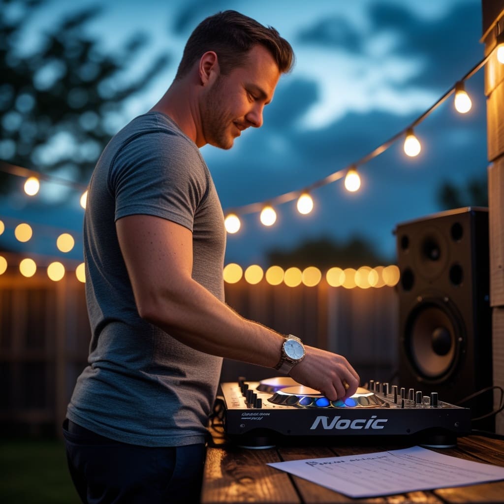 Cover photo showing a DJ setup at an outdoor graduation party in early evening light.