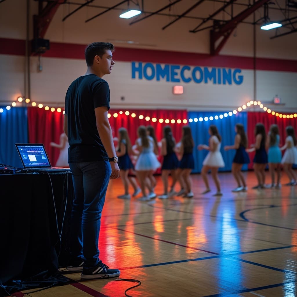 Cover photo showing a high school dance DJ setup mid-event in a decorated gymnasium, with colorful lighting and a blurred crowd of students dancing.