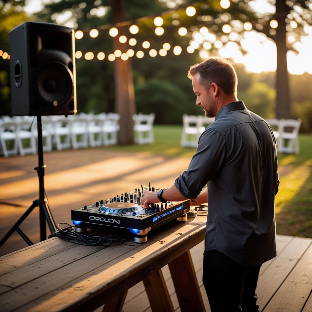 Cover photo showing a wedding DJ setup at a reception venue during golden hour.