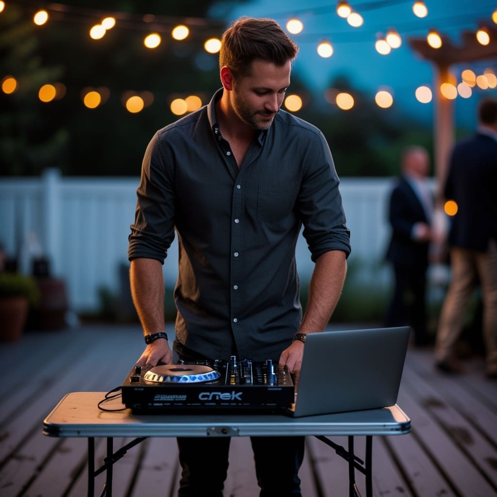 Cover photo showing a private event DJ at a house party setup, mid-performance behind a compact mixer with string lights in the background.