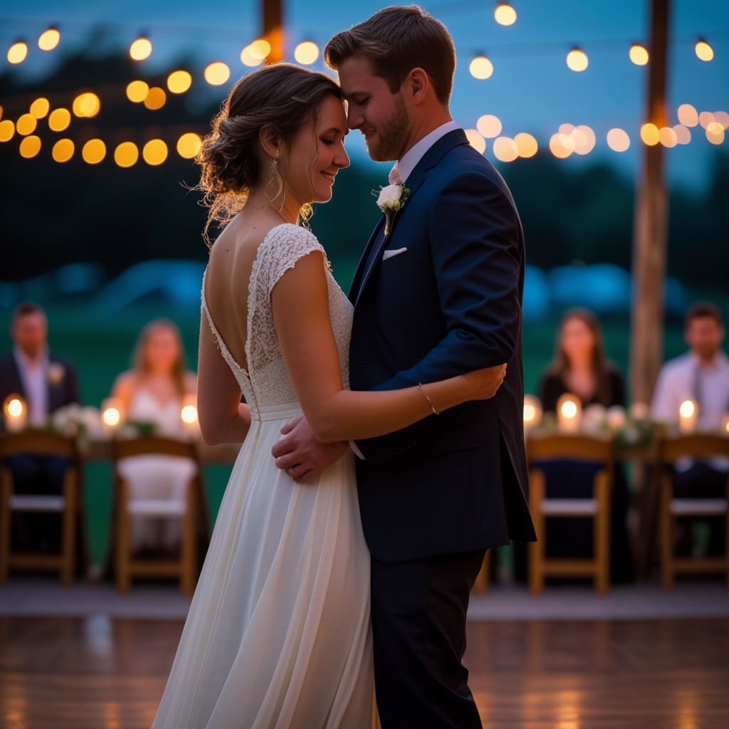 Cover photo of a bride and groom slow dancing under string lights at their wedding reception, guests softly blurred in the background..